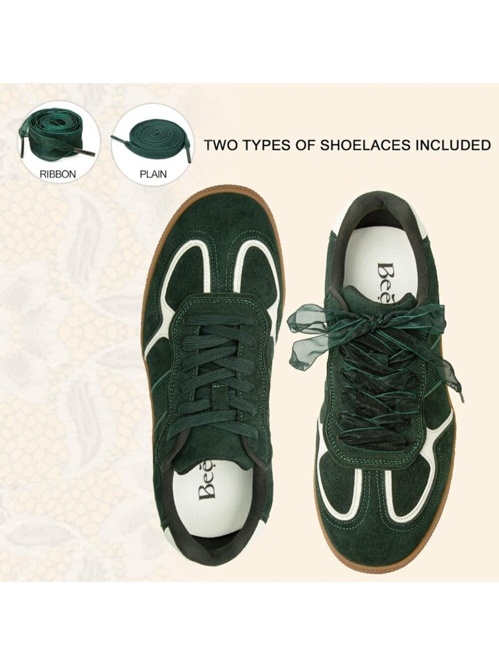 Women's Green Elegant Ribbon Lace Up Breathable Memory Foam Insole Sneakers - Picture 5 of 6